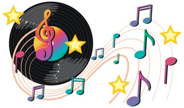 Beyaz arkaplan illüstrasyonunda vinil plakla renklendirilmiş müzik notaları