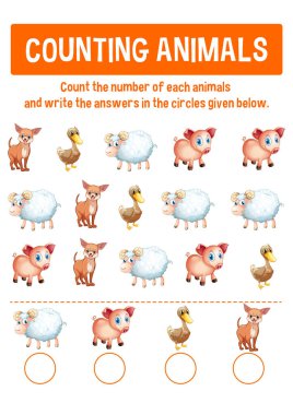 Hayvanlar illüstrasyon sayımı için çalışma sayfası Tasarım