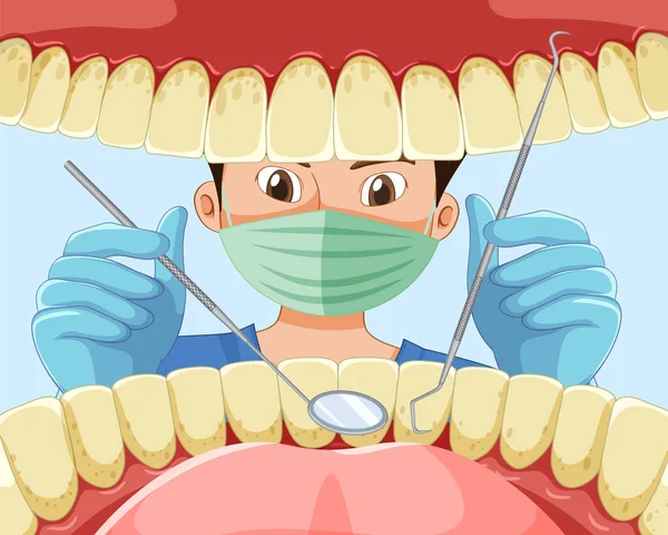 Стоматолог Тримає Інструменти Вивчення Зубів Пацієнта Всередині Ілюстрації Людського Рота — стоковий вектор