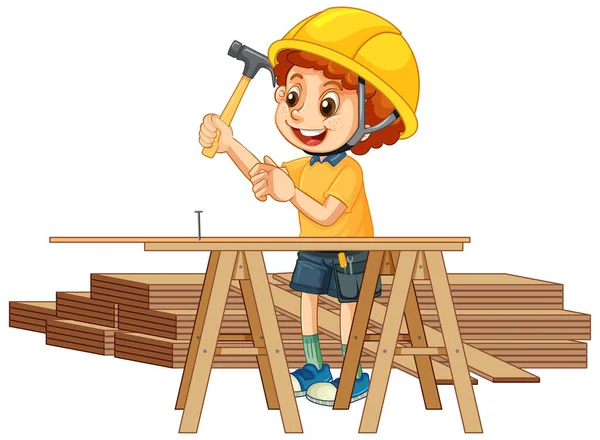 Niño Con Ilustración Trabajador Construcción — Vector de stock