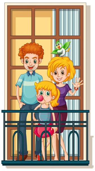 Familia Feliz Pie Balcón Ilustración — Vector de stock