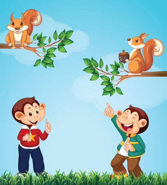 Two Monkeys Looking Squirrels Garden Illustration — Stock Vector