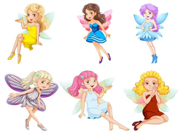 Set Von Verschiedenen Schönen Fee Mädchen Cartoon Figur Illustration — Stockvektor