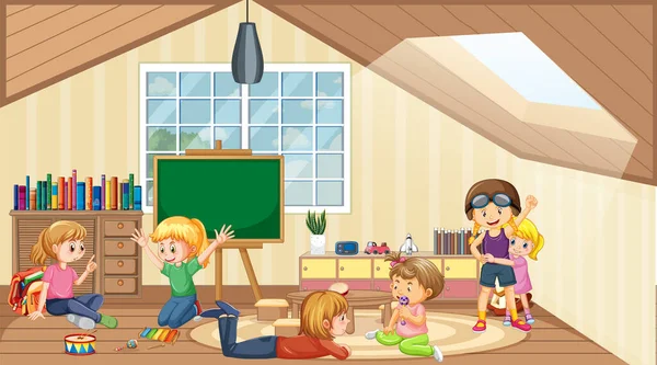 Szene Eines Klassenzimmers Mit Vielen Spielenden Kindern — Stockvektor