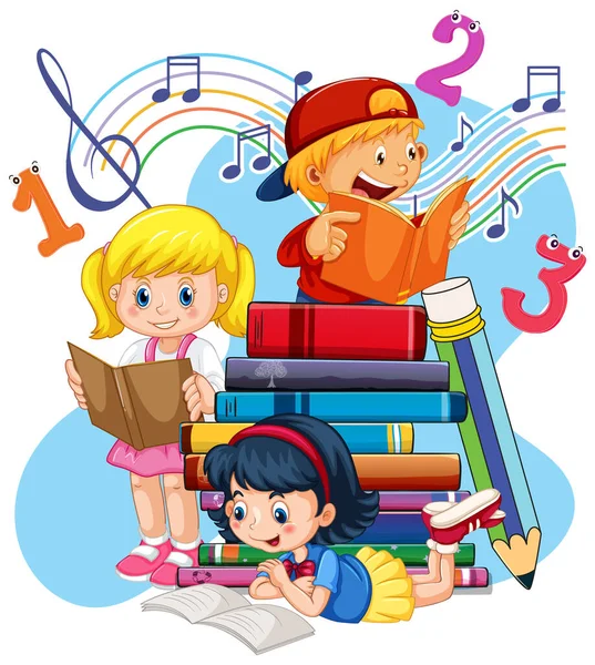 Tres Niños Están Leyendo Libros Una Pila Libros Ilustración — Archivo Imágenes Vectoriales