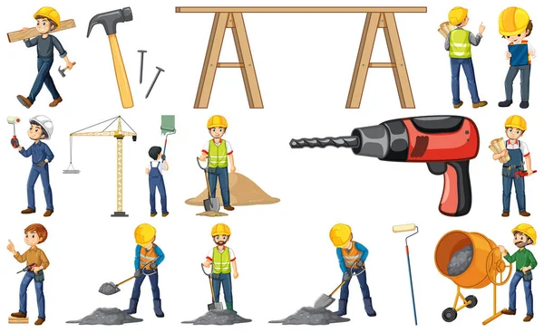 Construction Worker Set Man Tools Illustration — Stock Vector