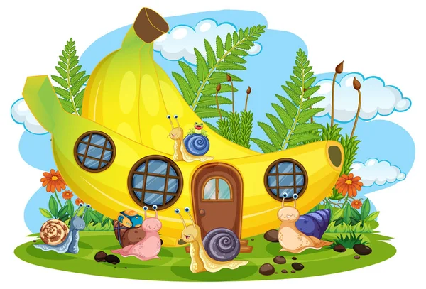 Fantaisie Banane Maison Avec Dessin Animé Escargots Illustration — Image vectorielle