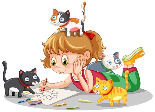 Uma Menina Desenho Imagem Com Gatos Ilustração Nas Proximidades — Vetor de Stock