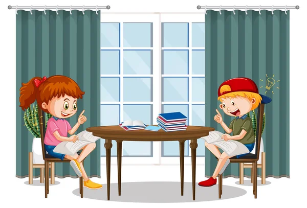 Enfants Lisant Des Livres Maison Illustration — Image vectorielle