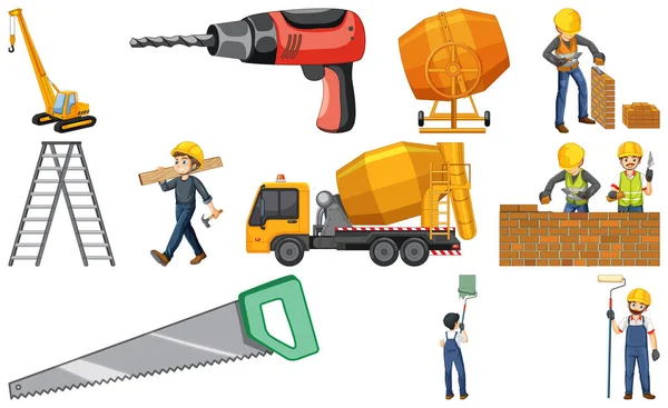 Set Construction Site Objects Workers Illustration — Stock Vector