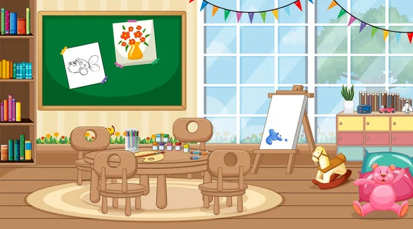 教室插图中有桌子和椅子的场景 — 图库矢量图片
