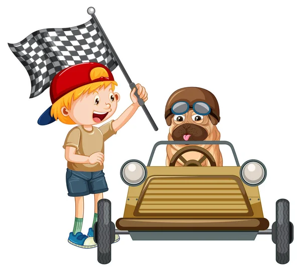 Pug Dog Racing Car Boy Holding Flag Illustration — Stock Vector