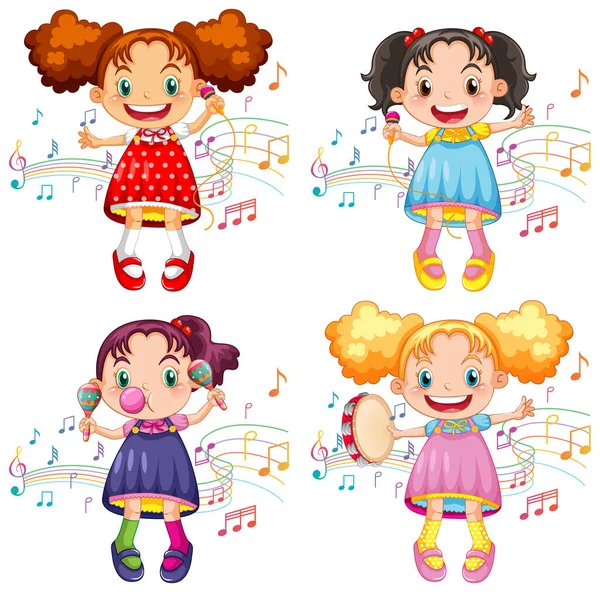 Conjunto Chica Feliz Con Instrumentos Música Ilustración — Archivo Imágenes Vectoriales