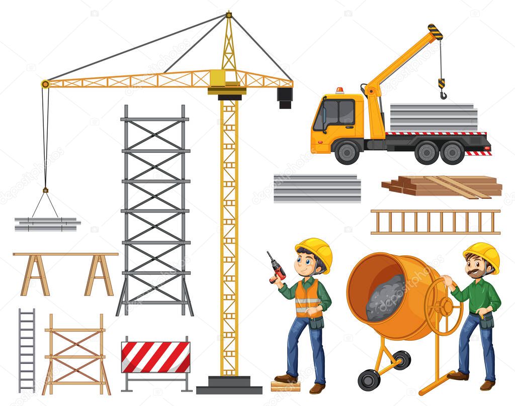 Set of construction site objects and worker