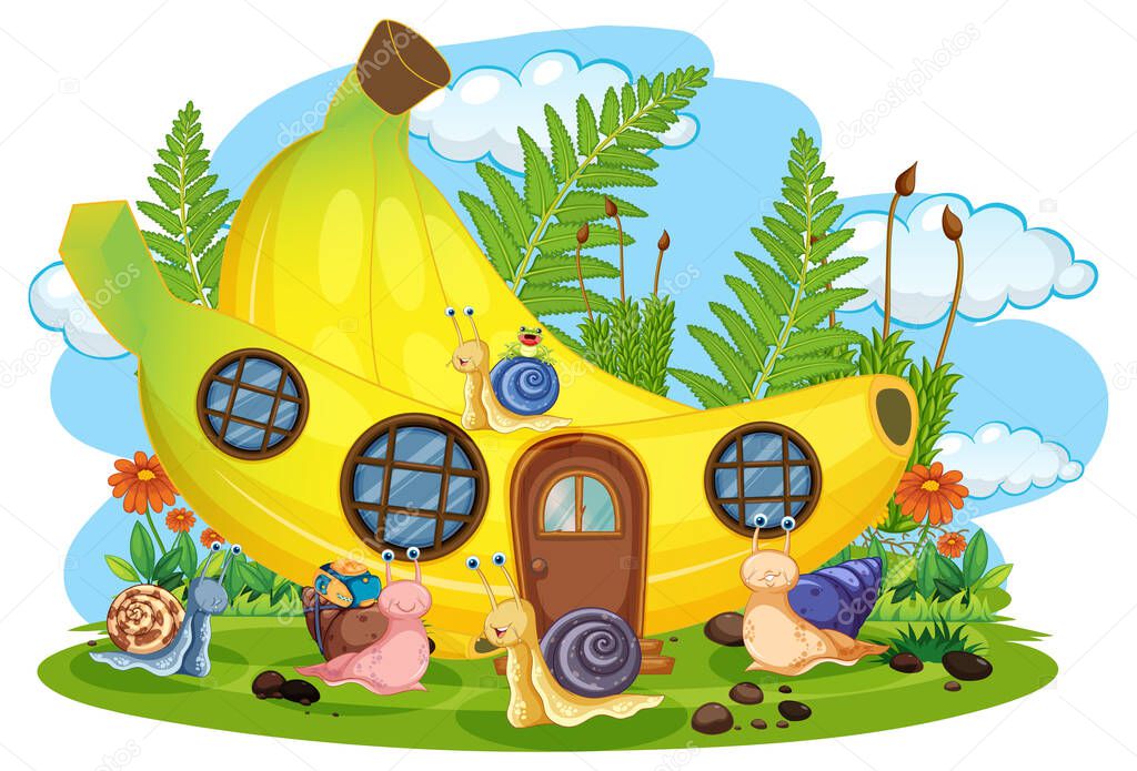 Fantasy banana house with cartoon snails illustration