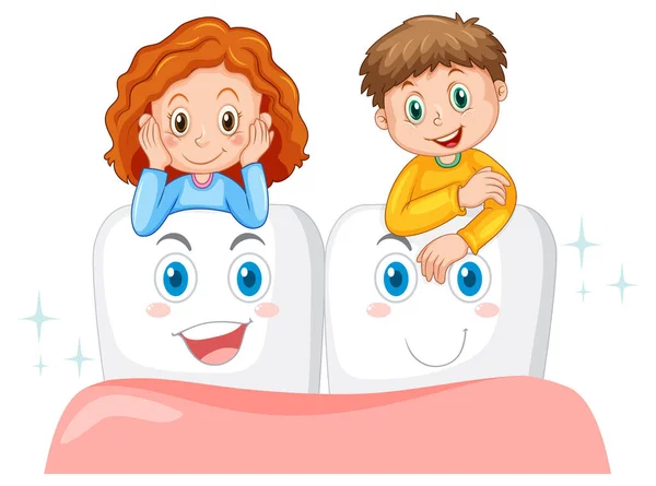 Happy Kids Hugging Big Teeth White Background Illustration — Stock Vector