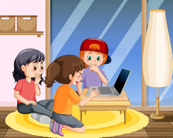 Kinder Benutzen Laptop Hause Illustration — Stockvektor