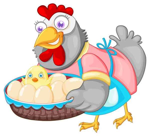 卵とひよこのイラストのバスケットを保持するかわいい鶏の漫画のキャラクター — ストックベクタ