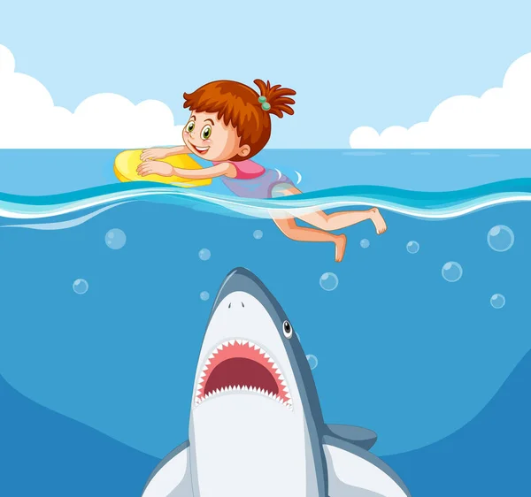 一个在水图解中逃离鲨鱼的女孩 — 图库矢量图片