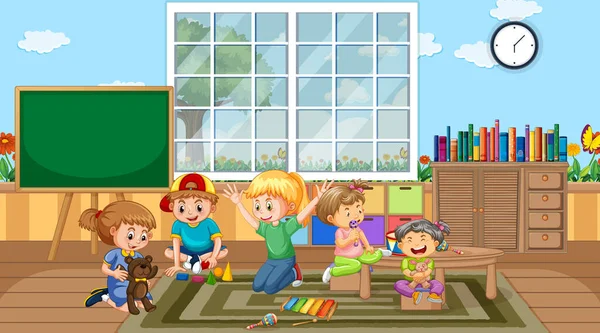 Escena Del Aula Con Niños Jugando Ilustración — Vector de stock