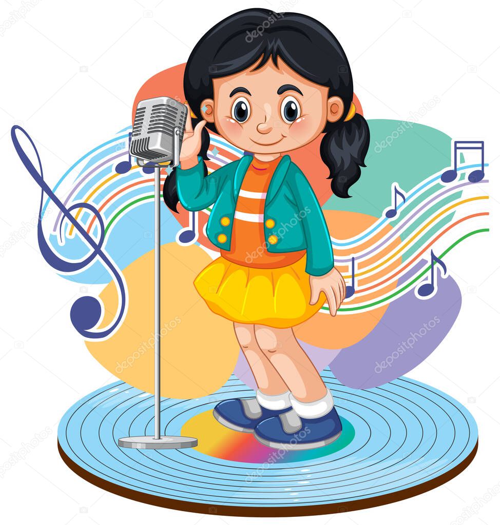 Singer girl cartoon with music melody symbols illustration