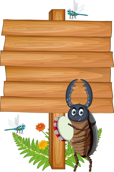 Blank Wooden Signboard Beetle Cartoon Illustration — Stock Vector