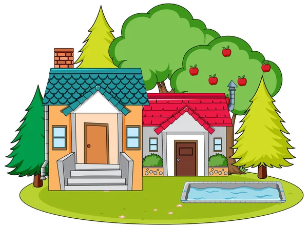 Casa Con Piscina Patio Ilustración — Vector de stock