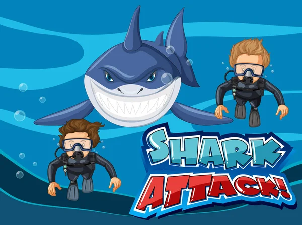 Projektowanie Czcionki Dla Shark Attack Divers Shark Illustration — Wektor stockowy