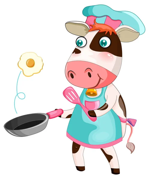 Cow Cartoon Character Cooking Breakfast Illustration — Stock Vector