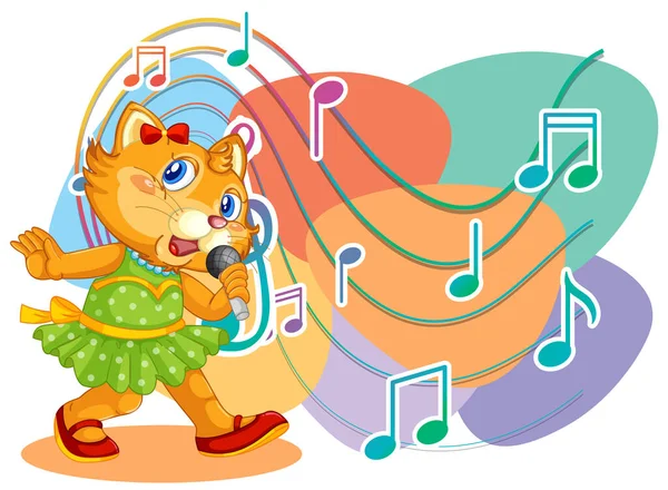 Cantante Gatto Cartone Animato Con Musica Melodia Simboli Illustrazione — Vettoriale Stock