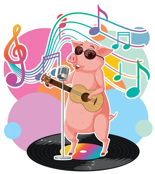 Singer Piggy Cartoon Music Melody Symbols Illustration — ストックベクタ