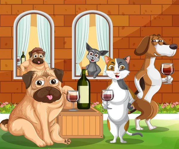 Outdoor Scene Met Katten Honden Wijn Feest Illustratie — Stockvector