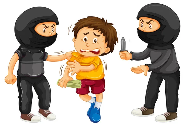 Niño Amenazado Por Dos Ladrones Ilustración — Vector de stock