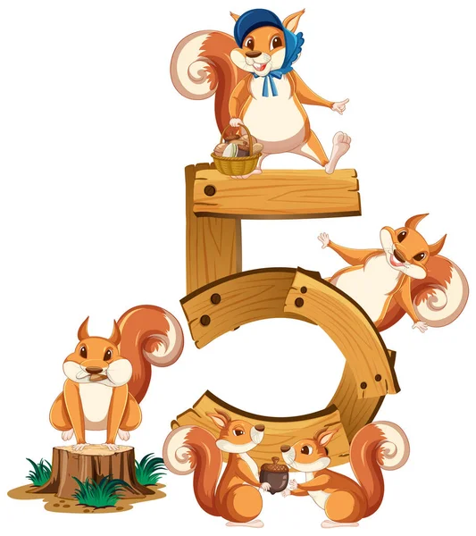 Cinq Écureuils Attachés Illustration Numéro Cinq — Image vectorielle