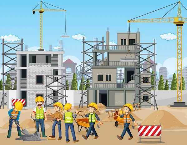 Construção Canteiro Obras Com Trabalhadores Ilustração — Vetor de Stock