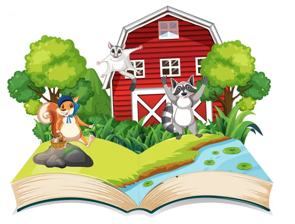 Otwarta Książka Fantasy Cute Zwierząt Ilustracji — Wektor stockowy