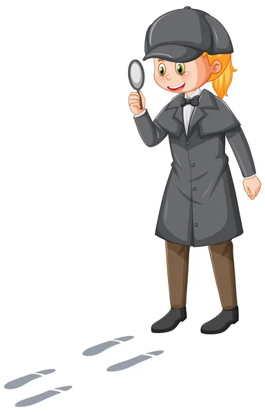 茶色のオーバーコートと帽子のイラストを着た女性探偵 — ストックベクタ