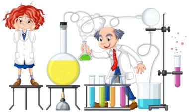 Laboratuvar çiziminde bilim deneyi yapan bir bilim adamı.
