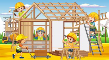 Çizgi film çizimleri olan ev inşaatı