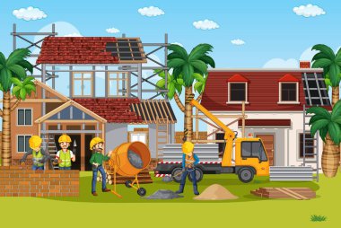 İşçi illüstrasyonlu ev inşaatı