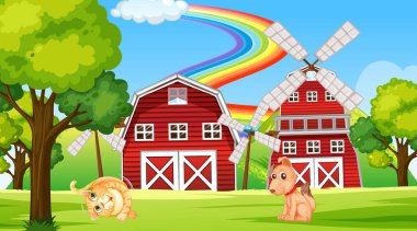 Çiftlik illüstrasyonunda farklı evcil hayvanlar.