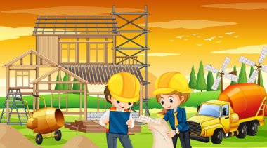 İnşaat alanı illüstrasyonunun karikatür sahnesi