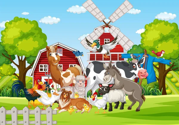 Farming Theme Many Farm Animals Illustration — Stock Vector