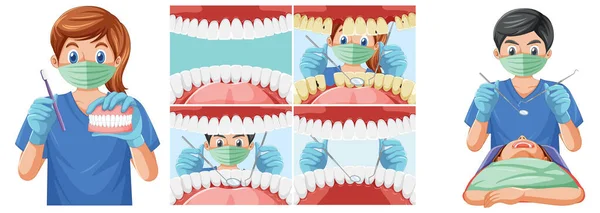 Conjunto Instrumentos Retención Dentista Que Examinan Los Dientes Del Paciente — Archivo Imágenes Vectoriales