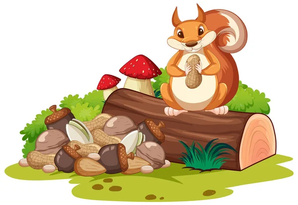 Kütük çiziminde fındık yiyen tatlı sincap.