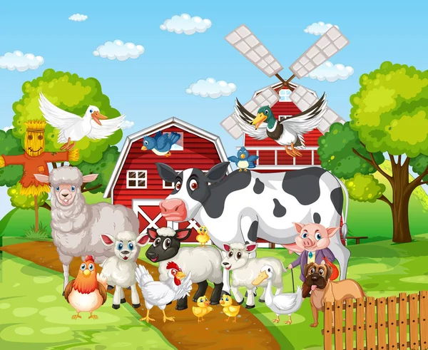 Many Farm Animals Farm Illustration — Stock Vector