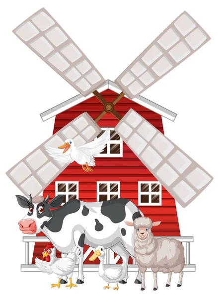 Many Farm Animals Red Barn Illustration — Stock Vector