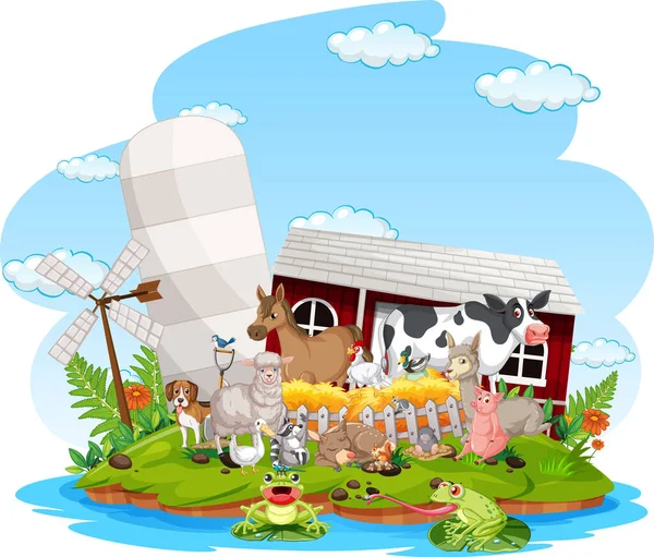 納屋のイラストで多くの動物と農場のシーン — ストックベクタ