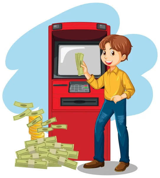 Homem Retira Dinheiro Ilustração Máquina Atm — Vetor de Stock