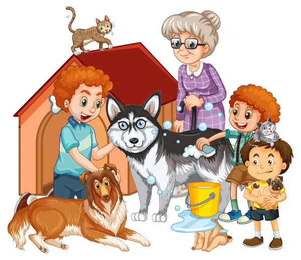 Gelukkig Familie Met Hun Huisdieren Cartoon Stijl Illustratie — Stockvector